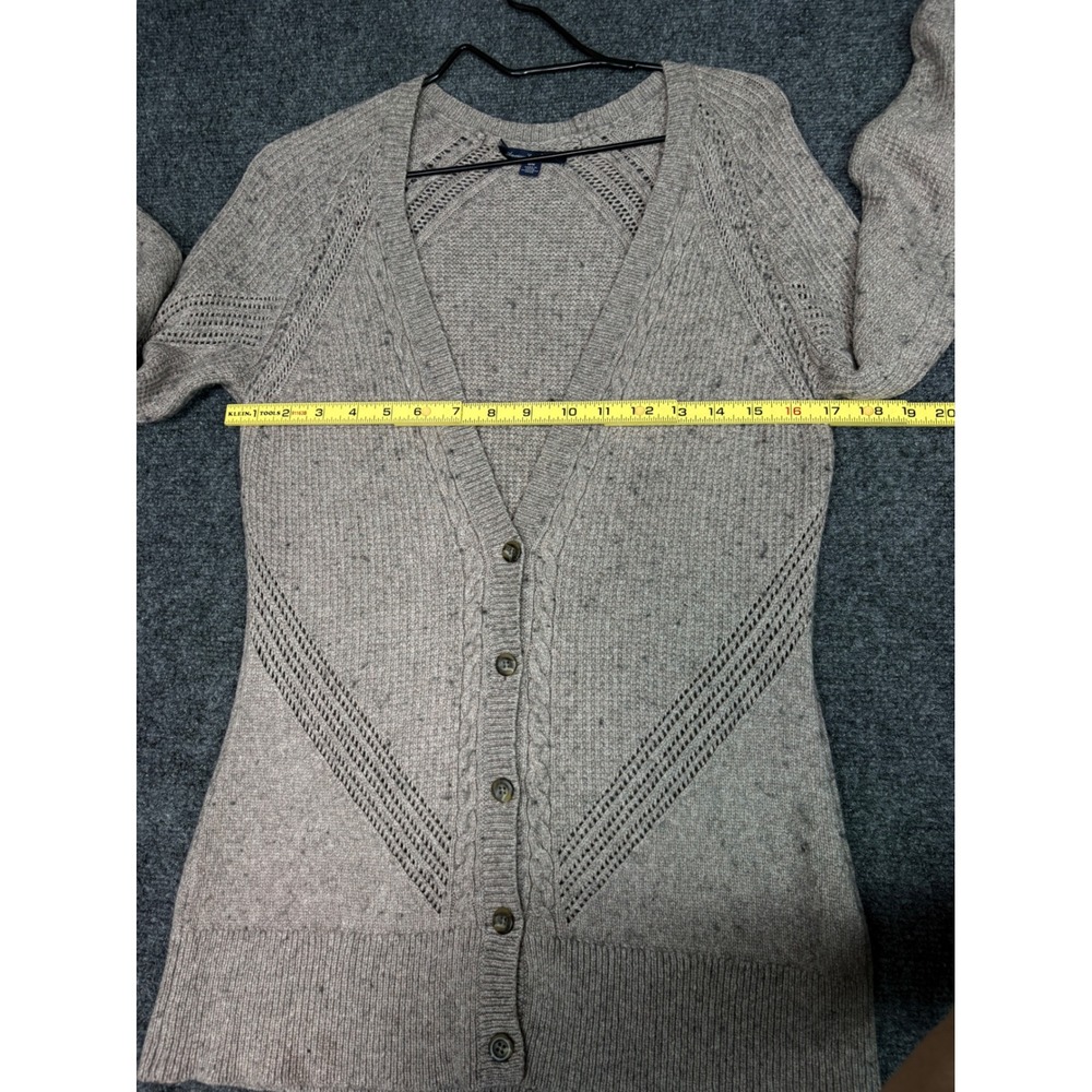American Eagle Cardigan Sweater Womens M Tan Marl V-Neck Cable Pointelle Knit - Picture 4 of 11